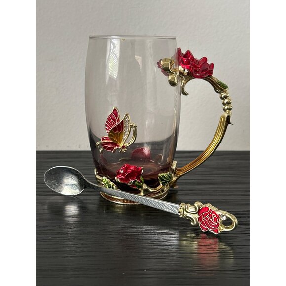 ARC of France Glass Mug Matching Spoon Butterfly & Flower Jeweled/Enamel Accents - Picture 2 of 9
